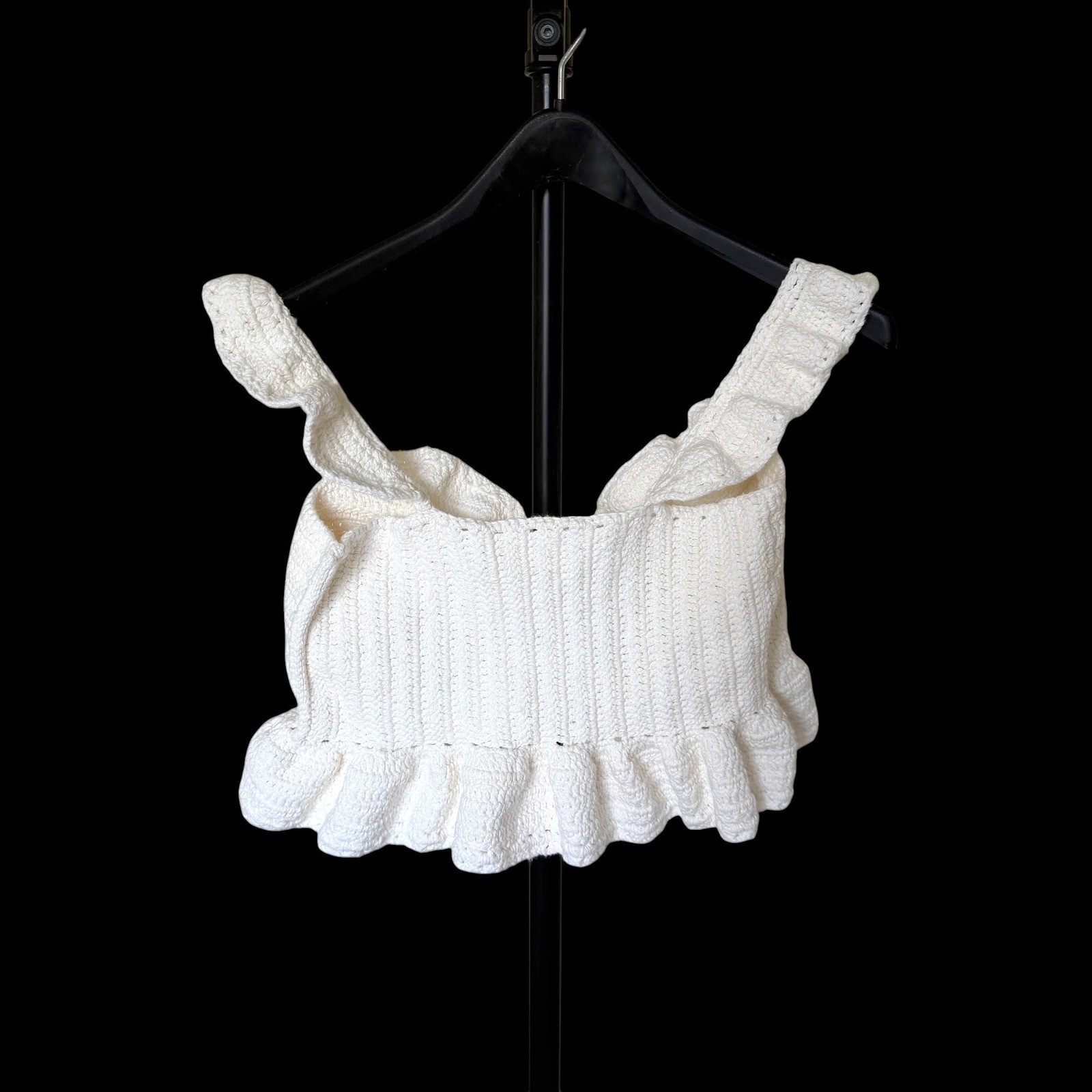 Handmade Crochet Ruffle Crop Top Ivory Off White Front Tie Festival Boho