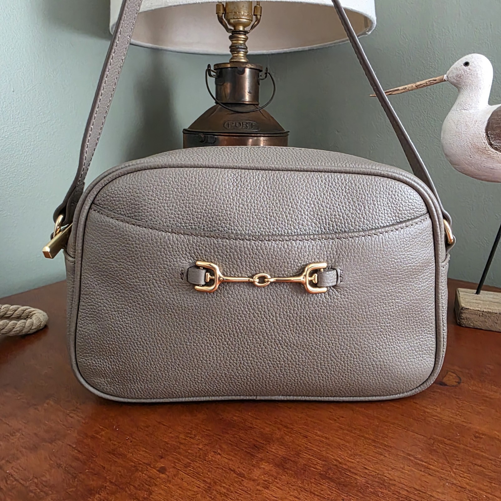 Sam Edelman Loraine Horsebit Taupe Pebbled Leather Camera Crossbody Bag