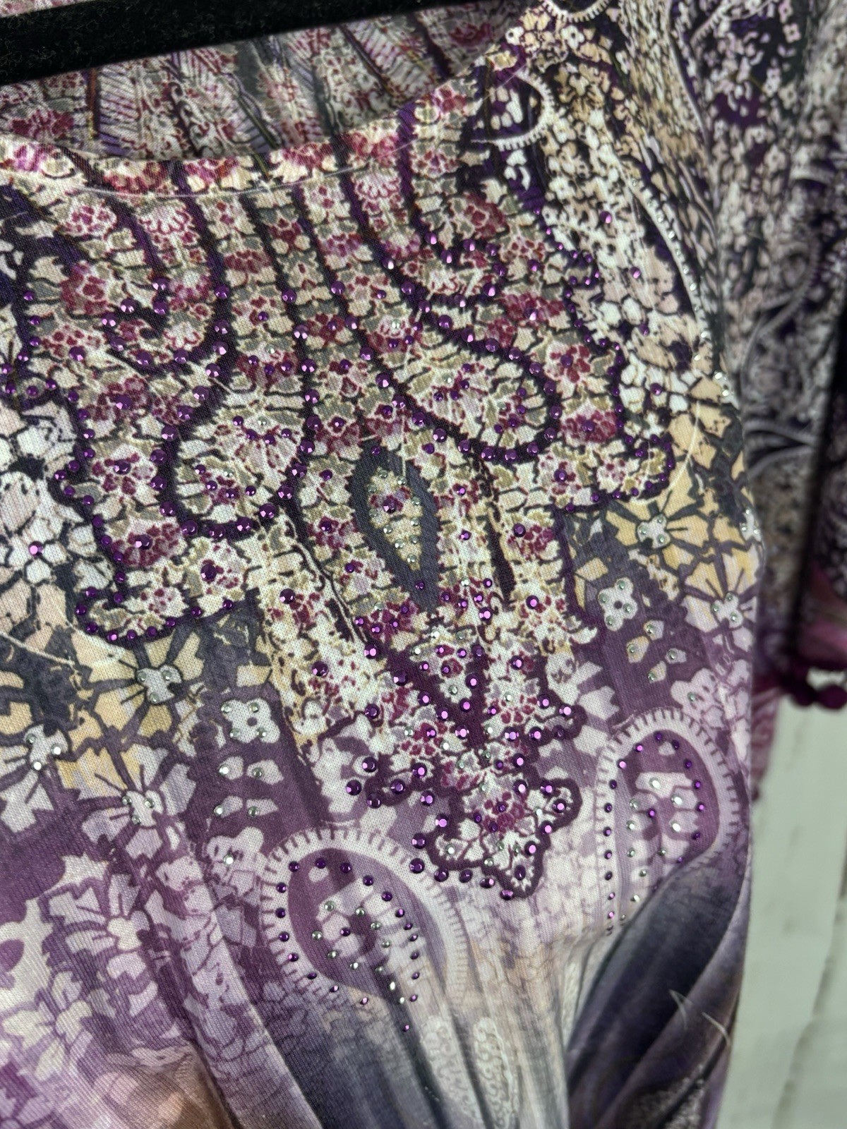 World Unity Pom Pom Purple Blouse Top Rhinestones Batwing Sleeve Sz M