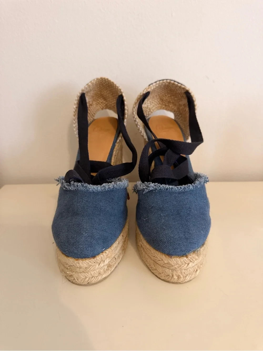 Castaner Navy Canvas Espadrille Wedge Sandals with Ankle Wrap Size 37 (7 US)
