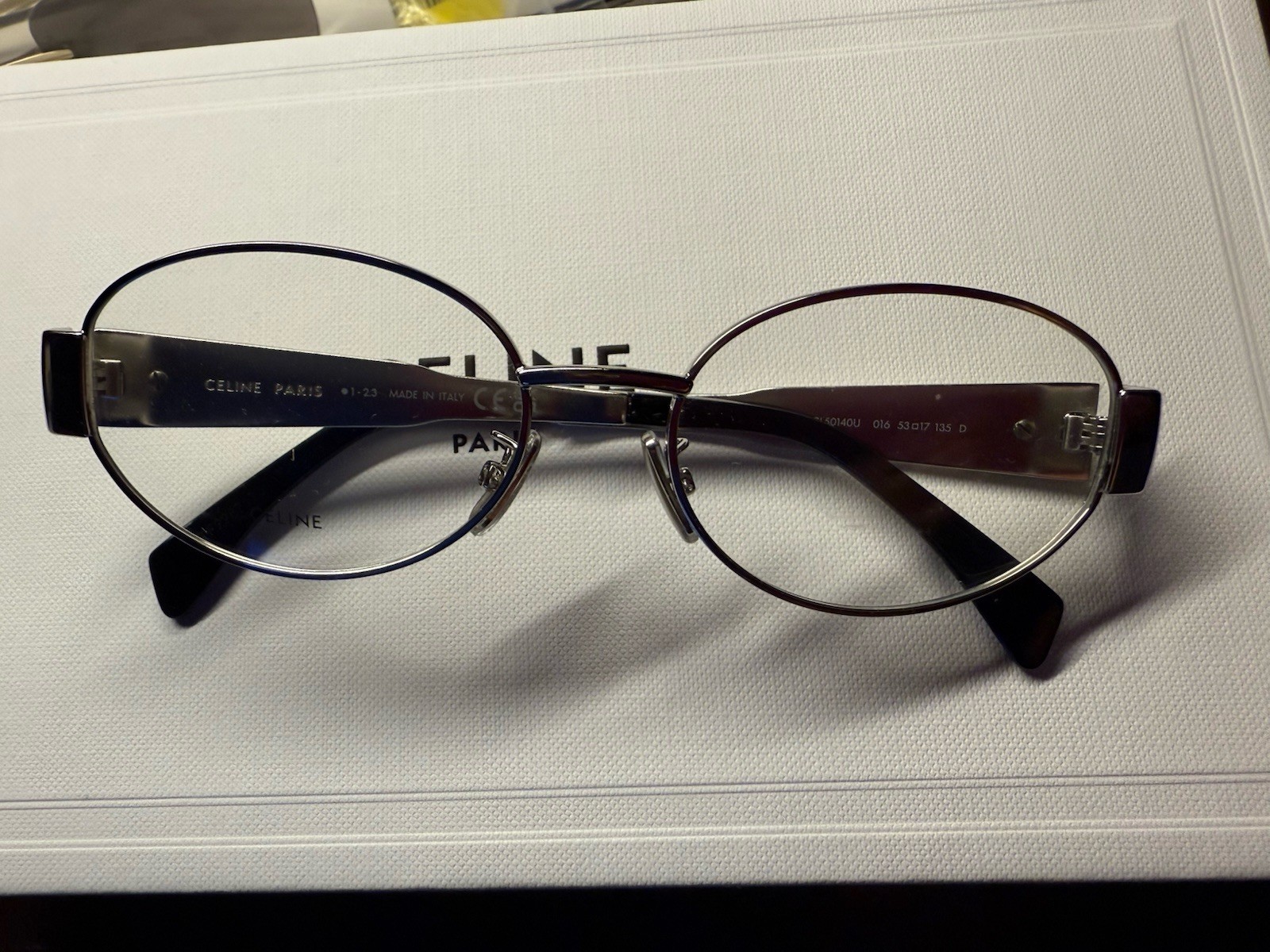 Celine CL50140U 016 Triomphe Metal Oval Silver Black Eyeglasses Clear AUTHENTIC