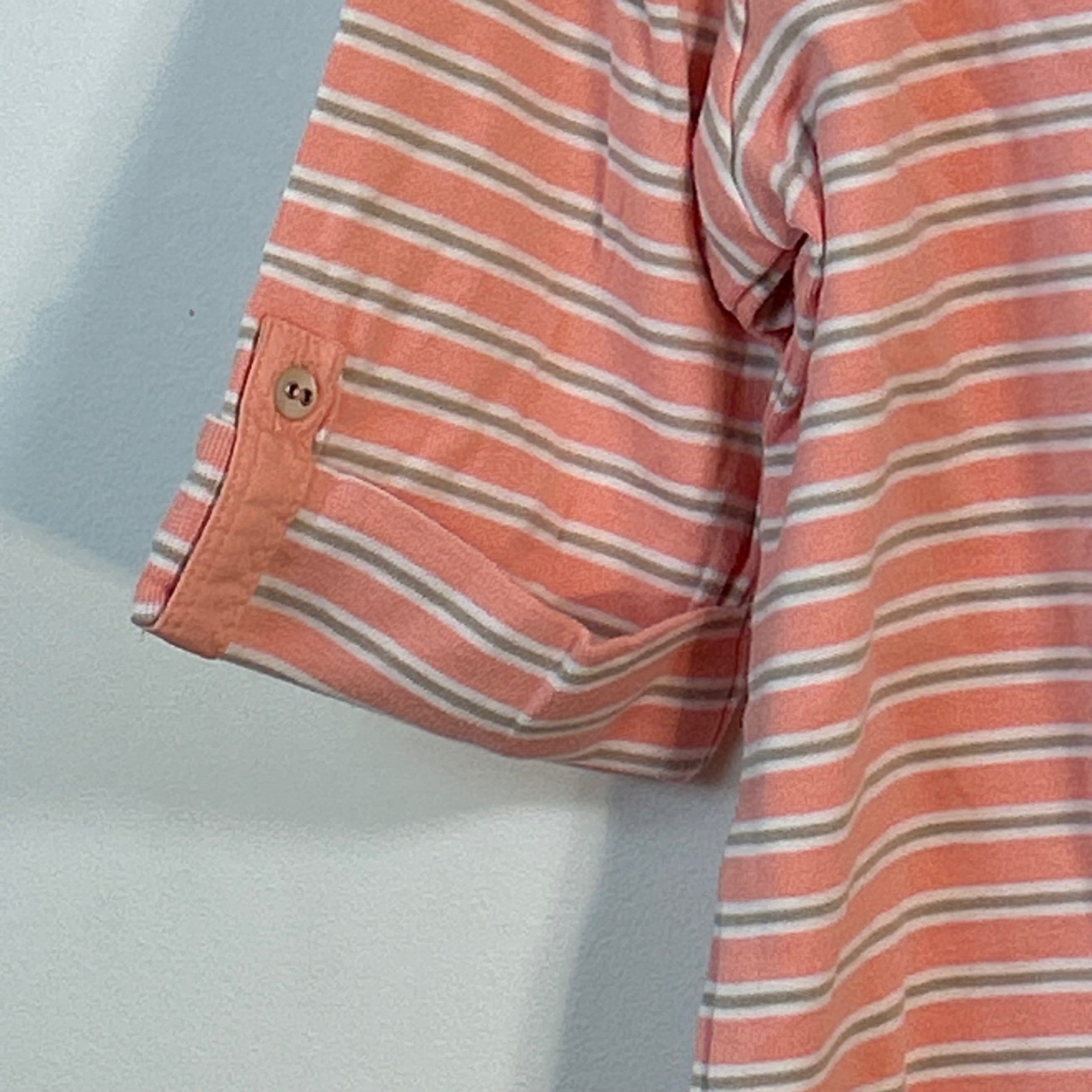 Croft & Barrow Womens Salmon Pink Striped Cotton Henley Roll Tab Sleeve Top L