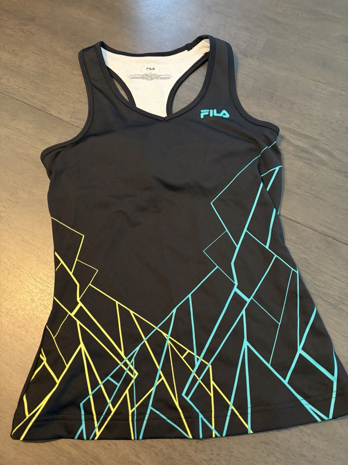 Fila Black Racerback Tank with Teal & Yellow Geometric Lines size extra small