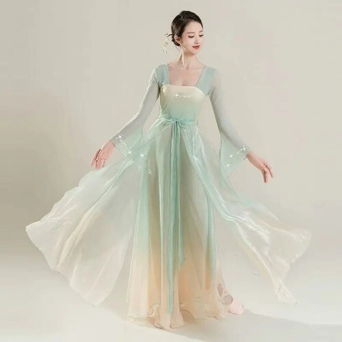 Classical Dance Costume for Women Han Tang Dynasty Showcasing Elegant Mesh Dress