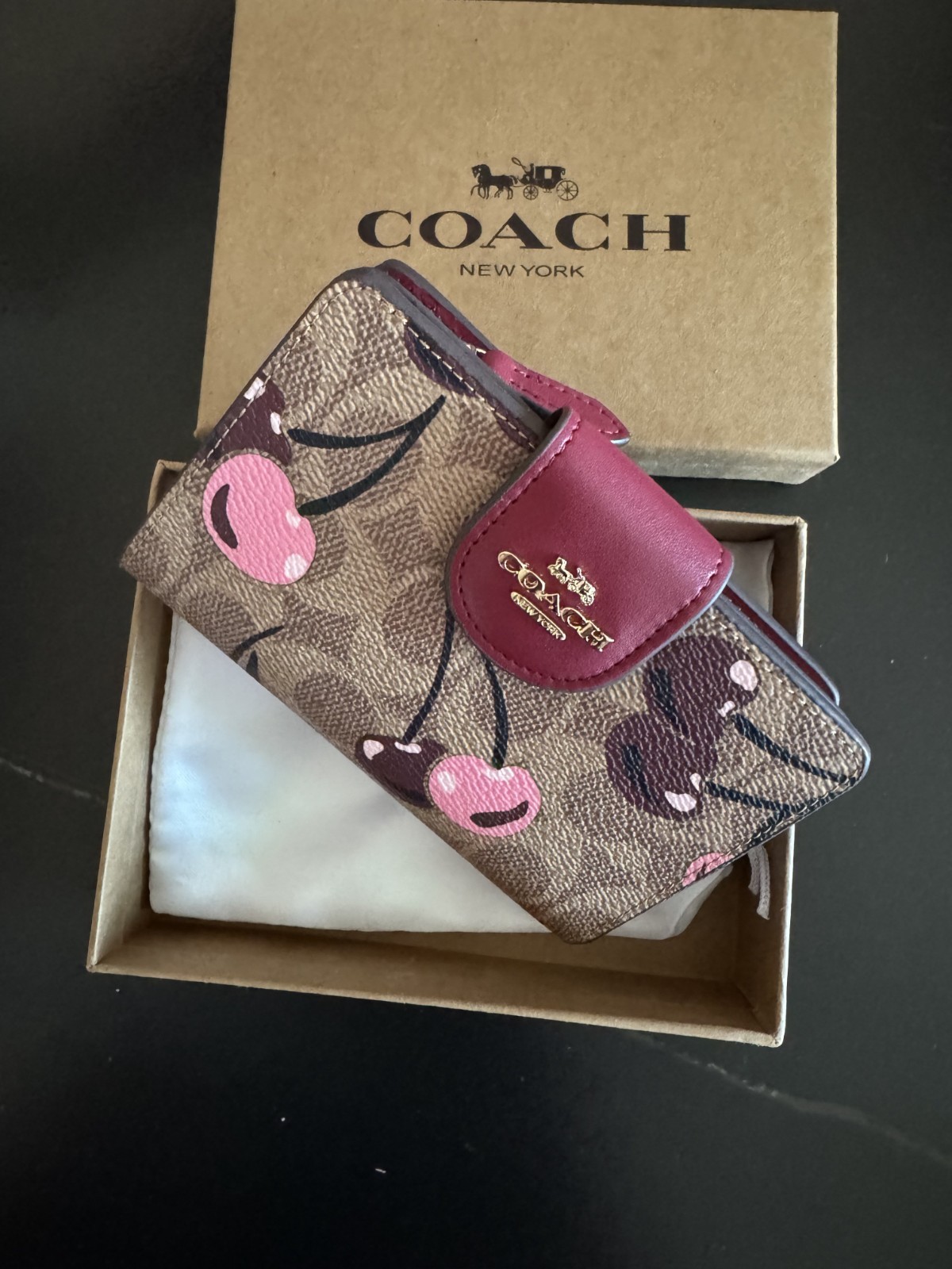 NEW Coach Med Corner Zip Wallet Clutch CZ342 Brown Signature Canvas Cherry Print