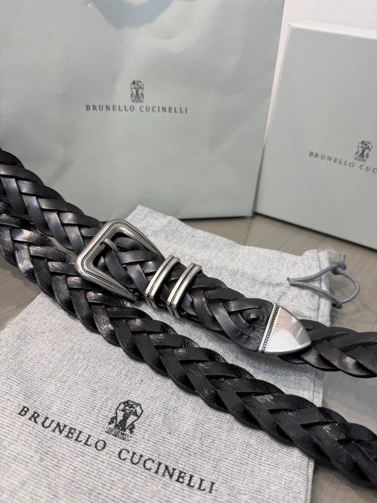 BRUNELLO CUCINELLI Black Leather Braided Gold Buckle Belt Size 95