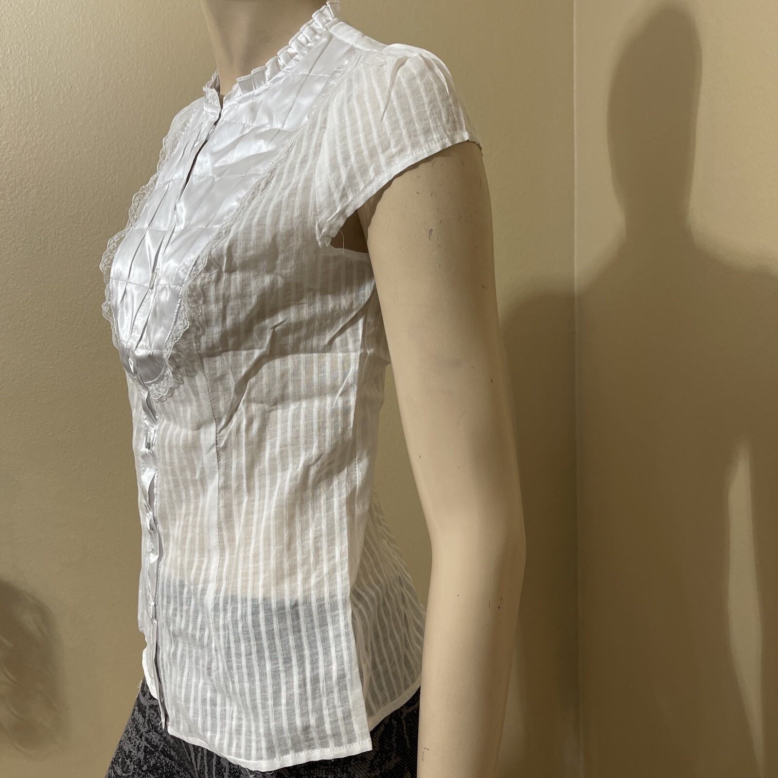 Women’s White Cotton Casual Sheer Striped Lace Satin Buttons Size L Blouse Top