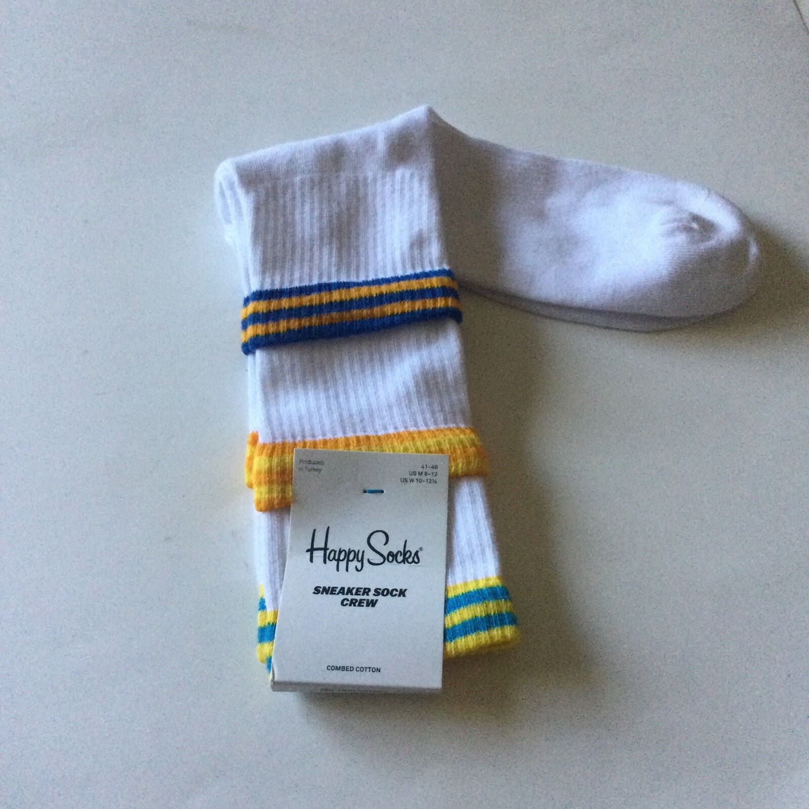 HAPPY SOCKS COLOR CUFF MENS SNEAKER CREW SOCKS WHITE WITH MULTI M/L NWT
