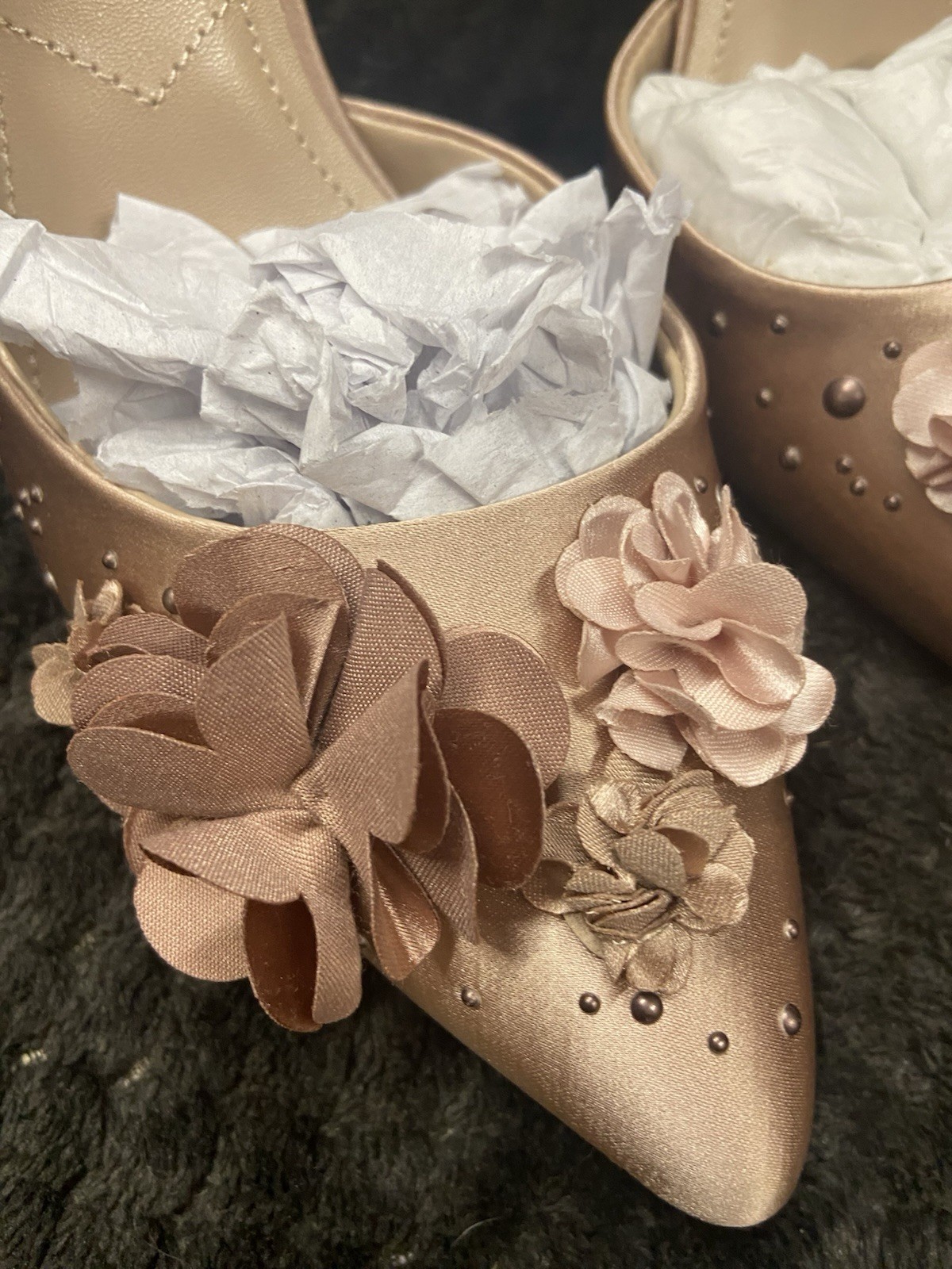 Charles by Charles David Taupe Satin Chiffon Floral Studded Stiletto Pumps 7.5M