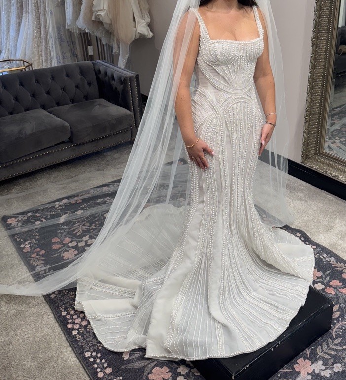 Leah da Gloria Drew White Strapless Sleeveless Beaded Mermaid Wedding Dress