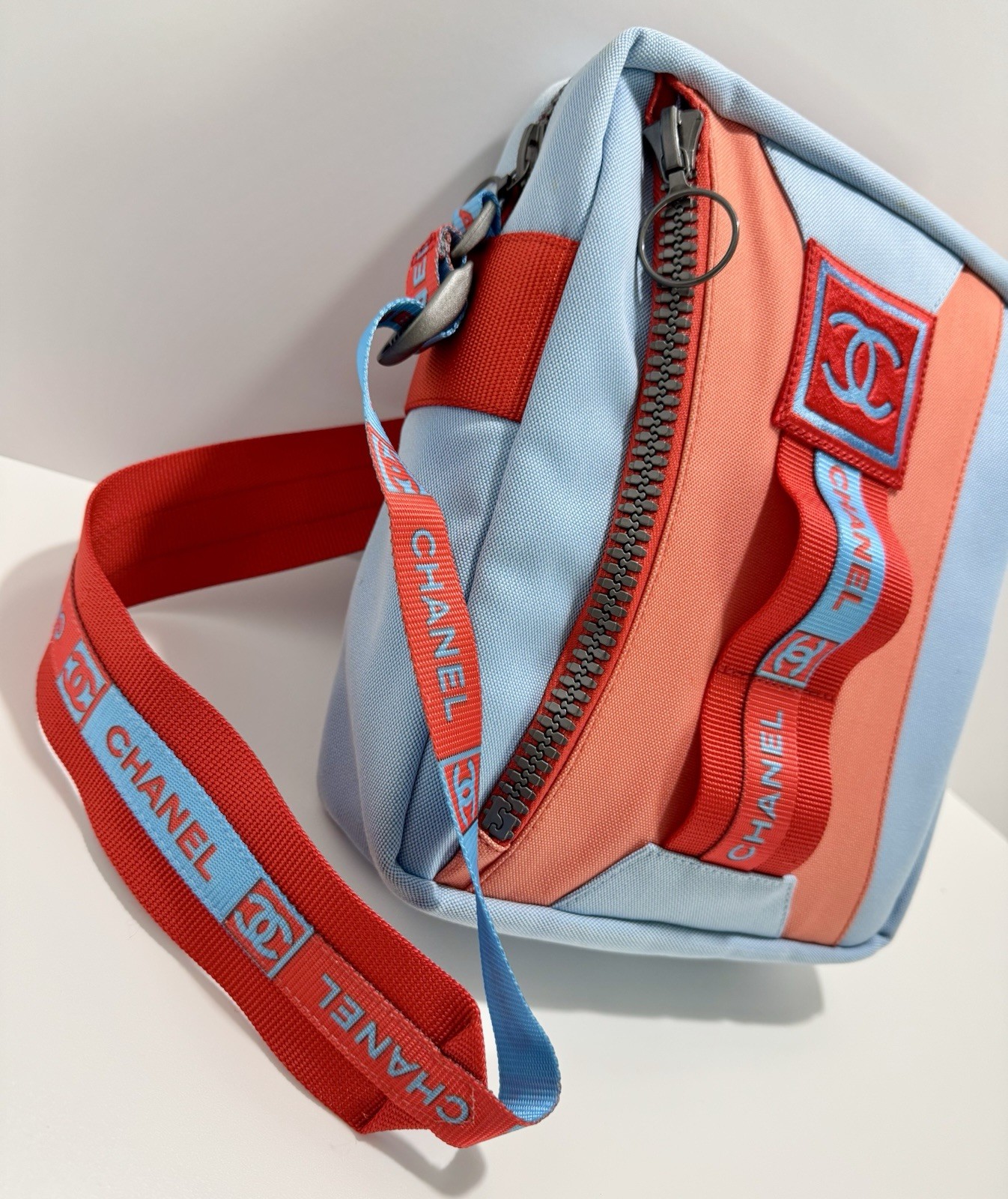 Chanel Sport Line Red Blue Medium Crossbody Vintage Unisex Canvas Nylon CC Logo