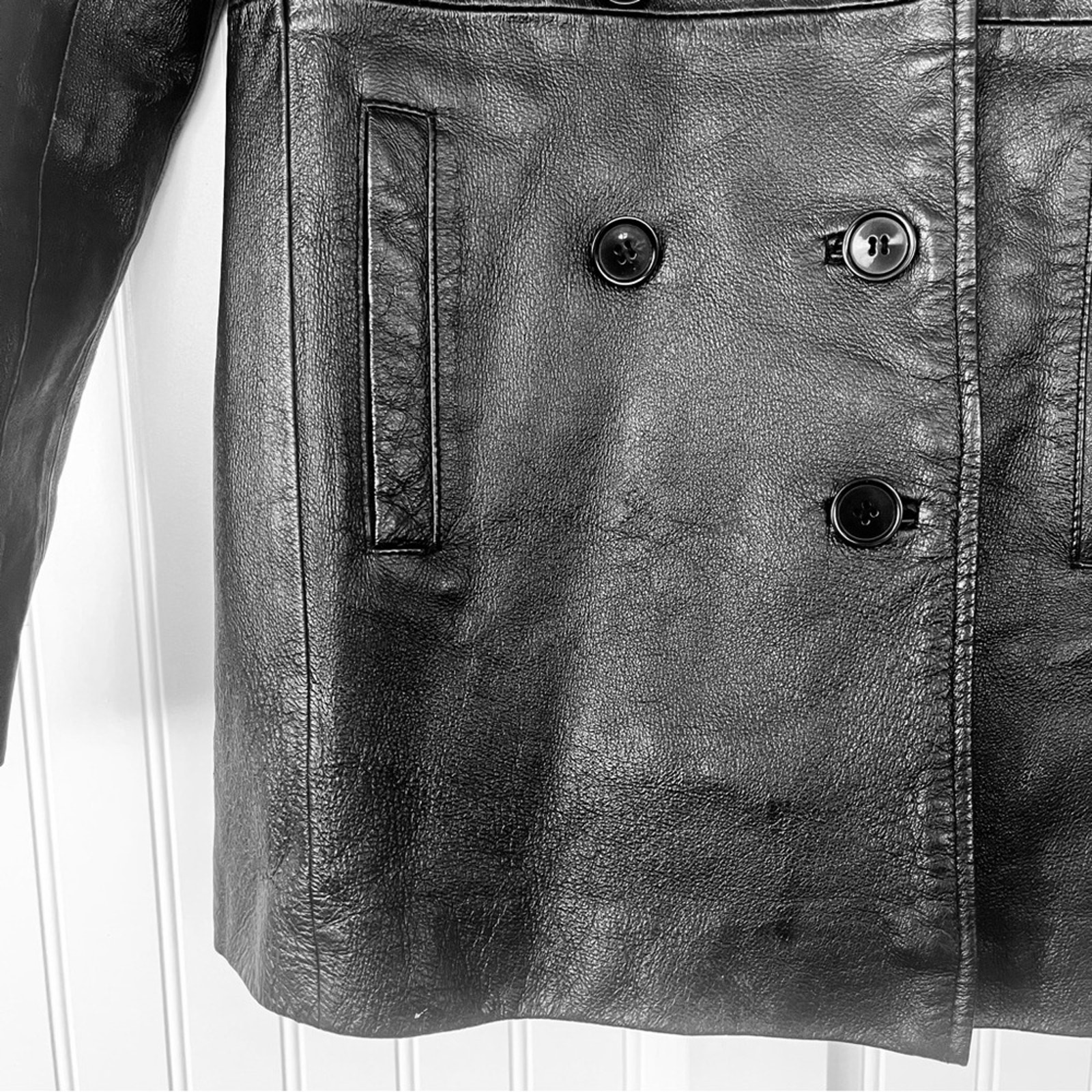Y2k 90s Black Leather Jacket Trench Coat Double Breasted Shiny Sleek Extra Small
