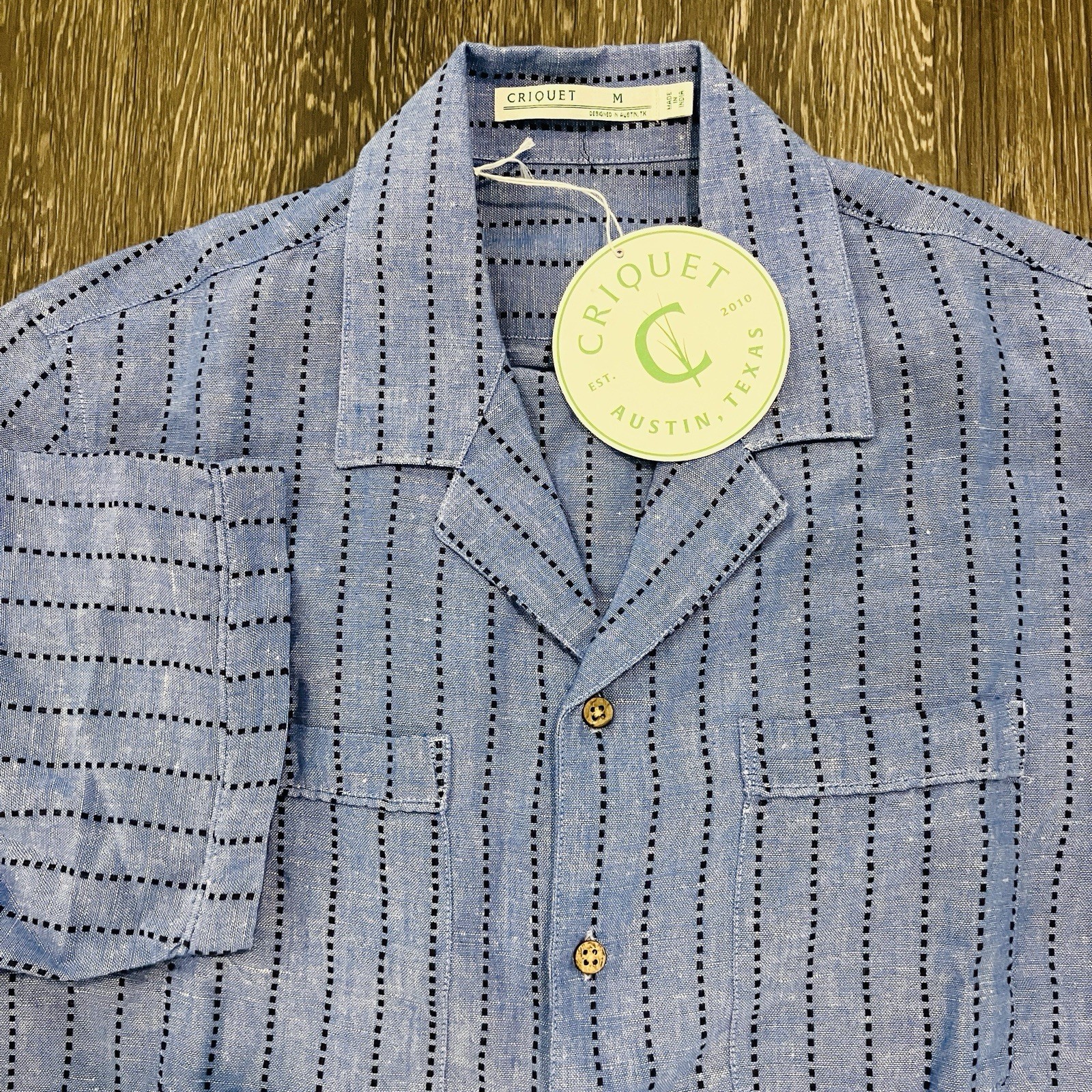 NEW Criquet Desi Linen Cotton Blend Short Sleeve Button Shirt Blue Mens MEDIUM