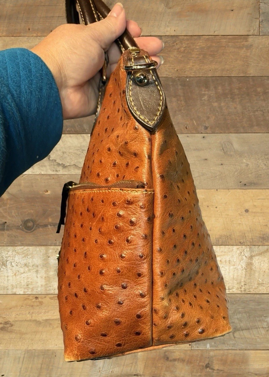 Dooney Bourke Chestnut Brown Ostrich Embossed Leather Front Pocket Satchel Tote