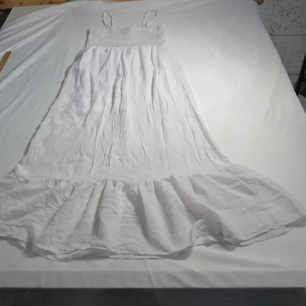 A.U.W White Smocked Maxi Dress M Spaghetti Strap Smocked Bodice Tiered Ruffle