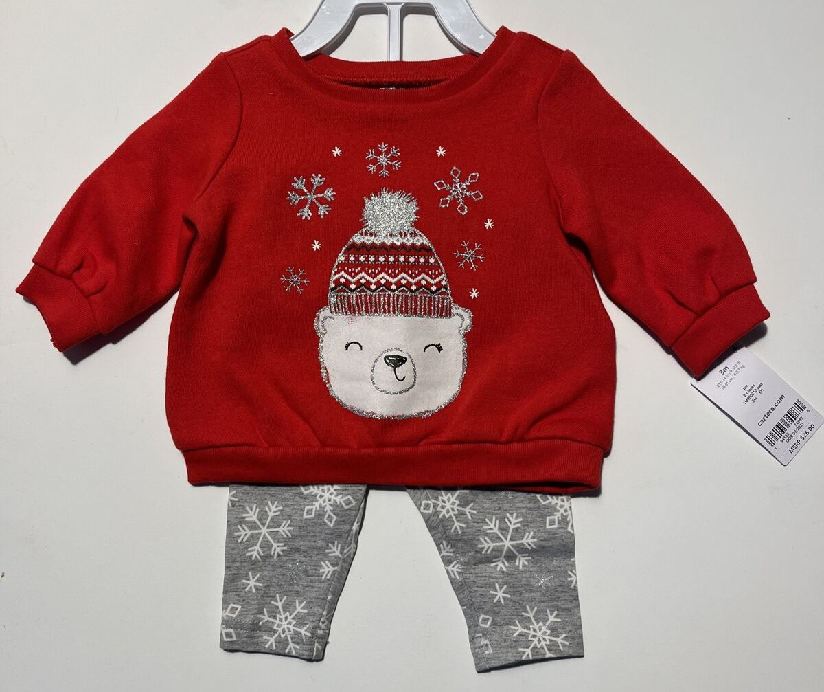 Carters Bear & Snowflake 2 Piece Outfit-Sweatshirt & Pants- Size 3mo NEW $26