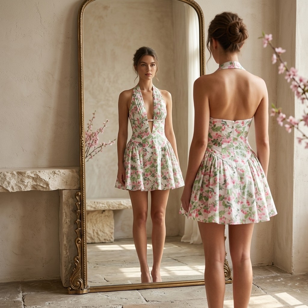 Women’s Polka Dot Halter Mini Dress Backless A-Line Summer Party Dress