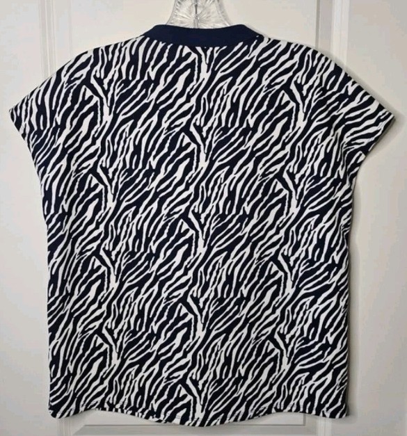 Melloday Women’s Navy White V-Neck Blouse Small Zebra Animal Print Cap Sleeve