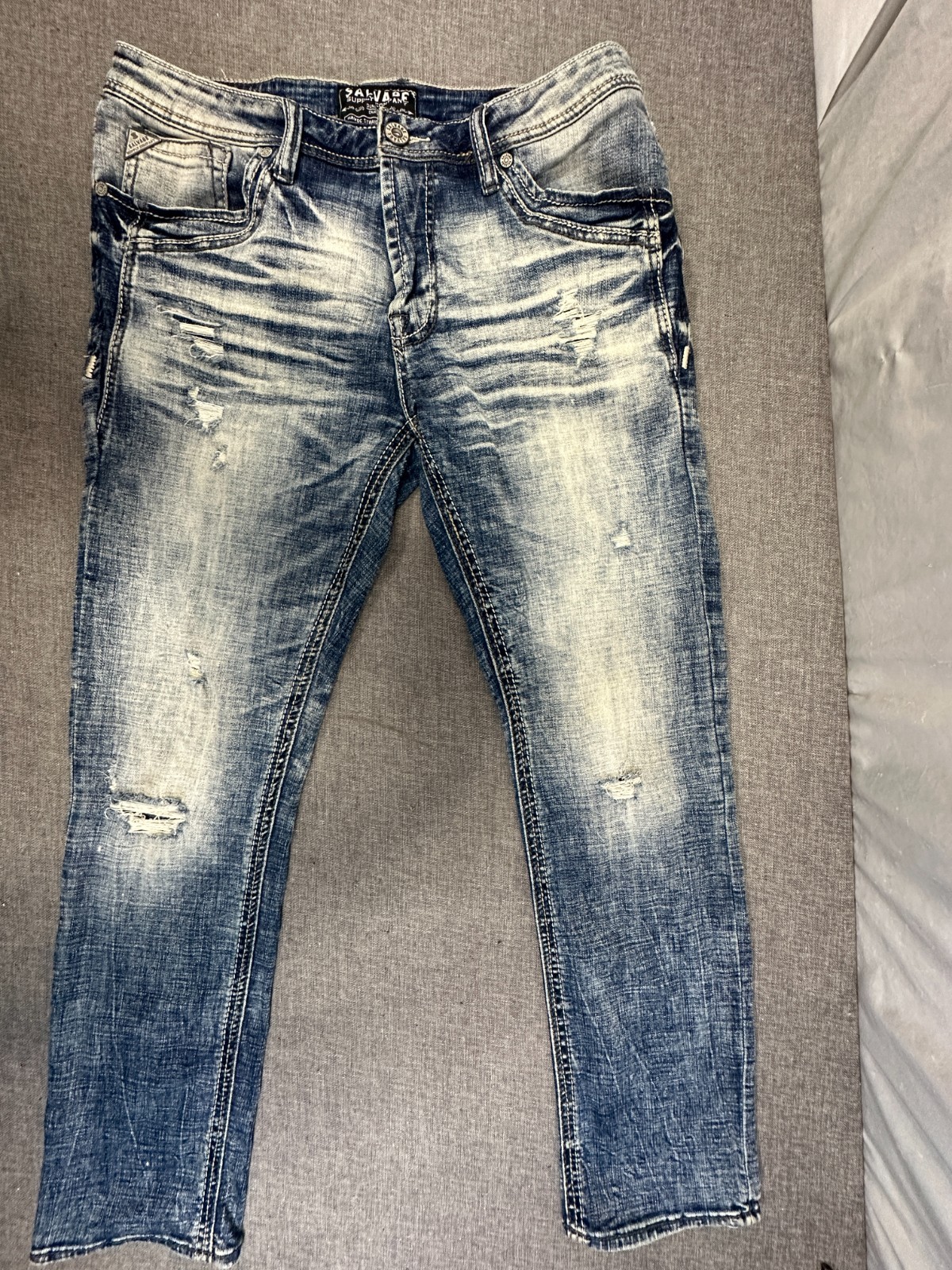 Salvage Supply Havoc Straight Slim Fit Jeans Mens 34×30 Blue Distressed Buckle