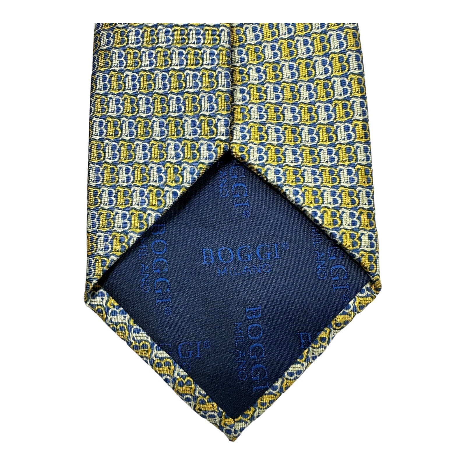 Boggi Milano Blue Yellow Monogram Pure Silk Mens Tie 3.5 Inches