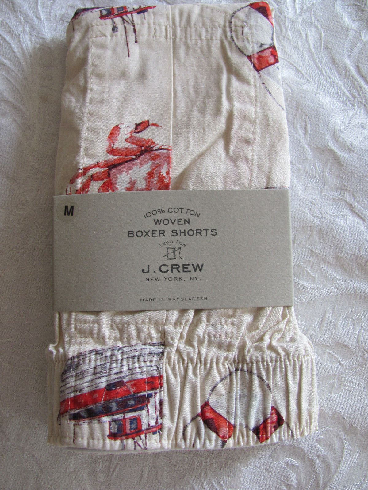 J Crew Boxers Watercolor Ocean-Crabs, Boats-Natural-Woven Cotton-Men’s M (32-34)