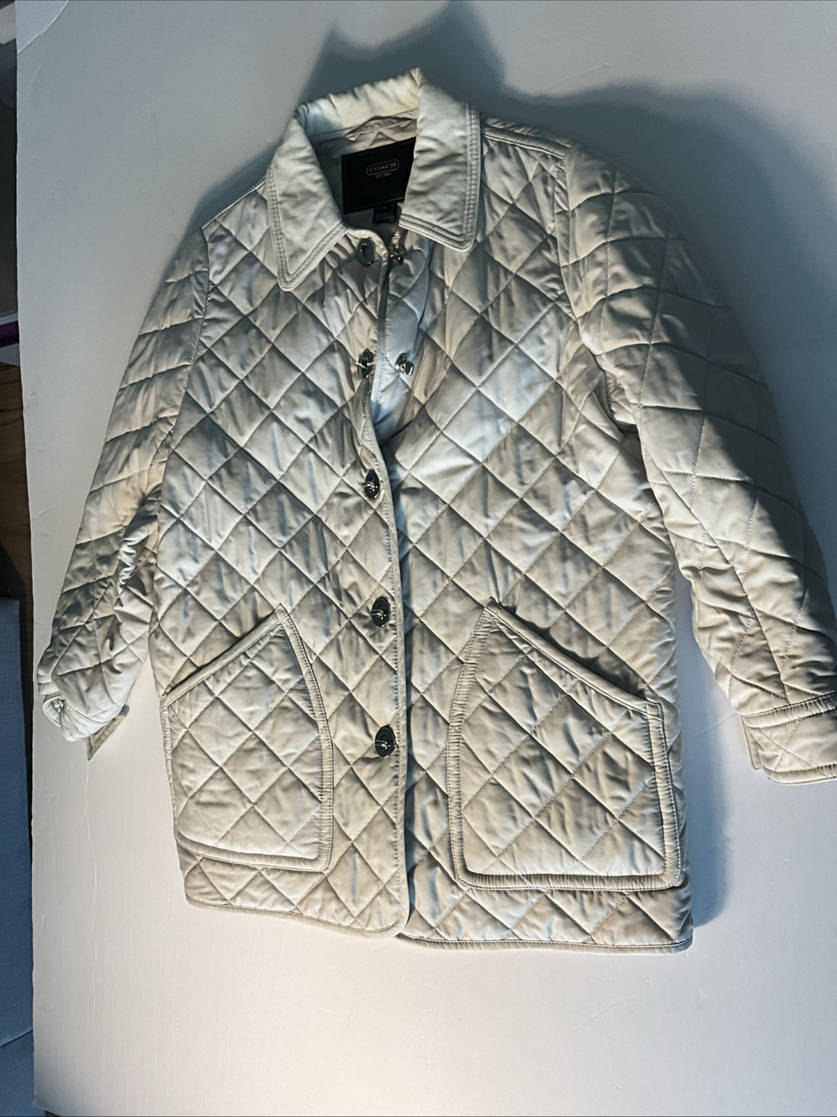 Coach Signature C Quilted Jacket Cream Turnlock Women’s Size Large 10