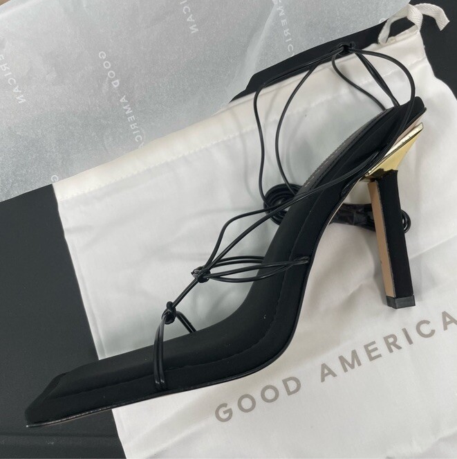 Good American Caged Neoprene Lace Up Sandals Square Sexy Square Heel Black 10