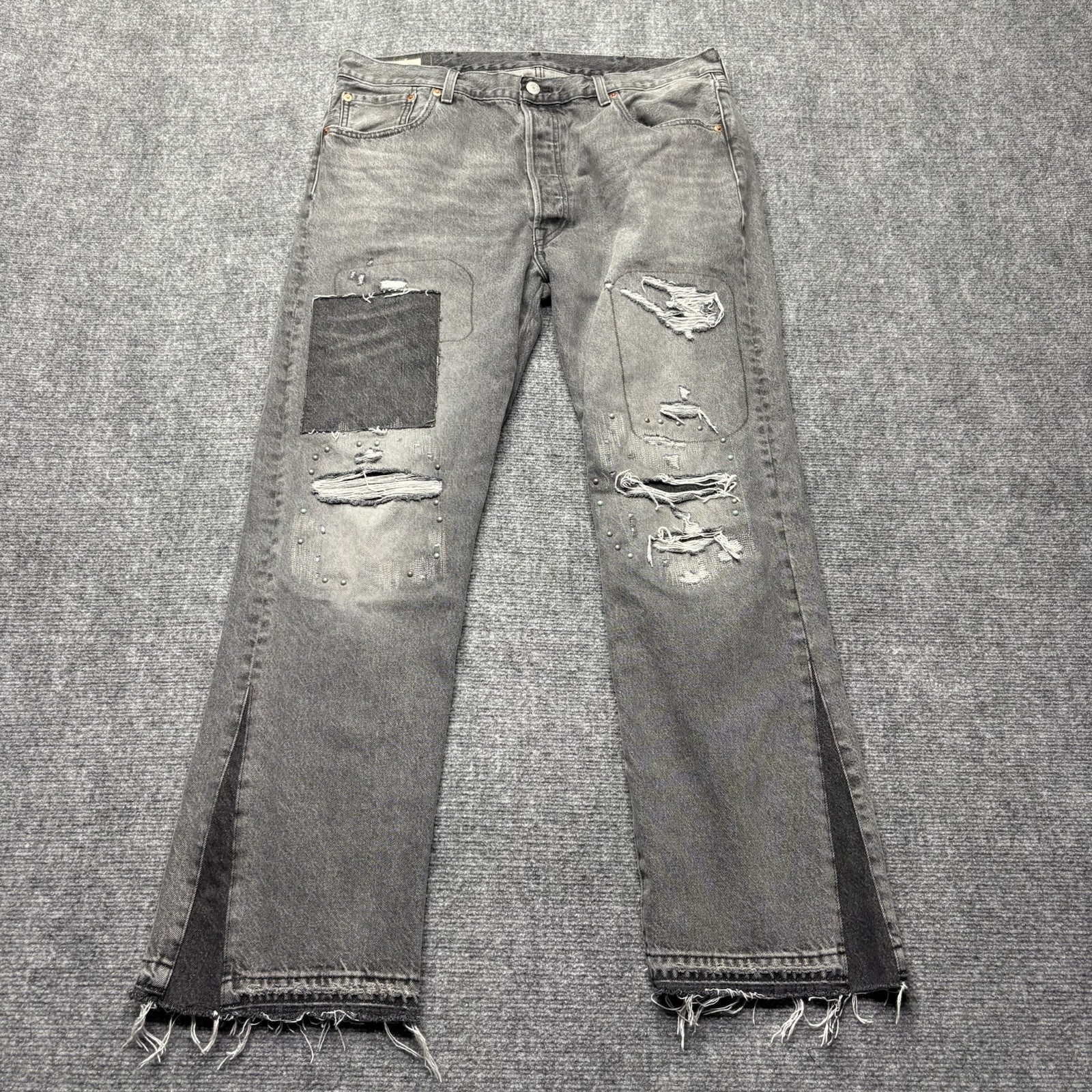 Levis Premium 501 ’54 Jeans Mens 38×32 Black Custom Button Fly Distressed