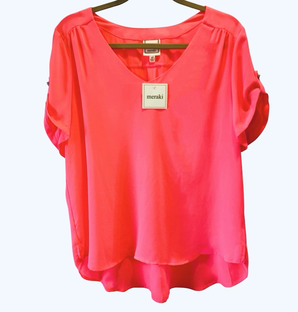 NWT Meraki Top size XL 1X Vivid Pink Coral Flowy Short Sleeve Woman Blouse Shirt