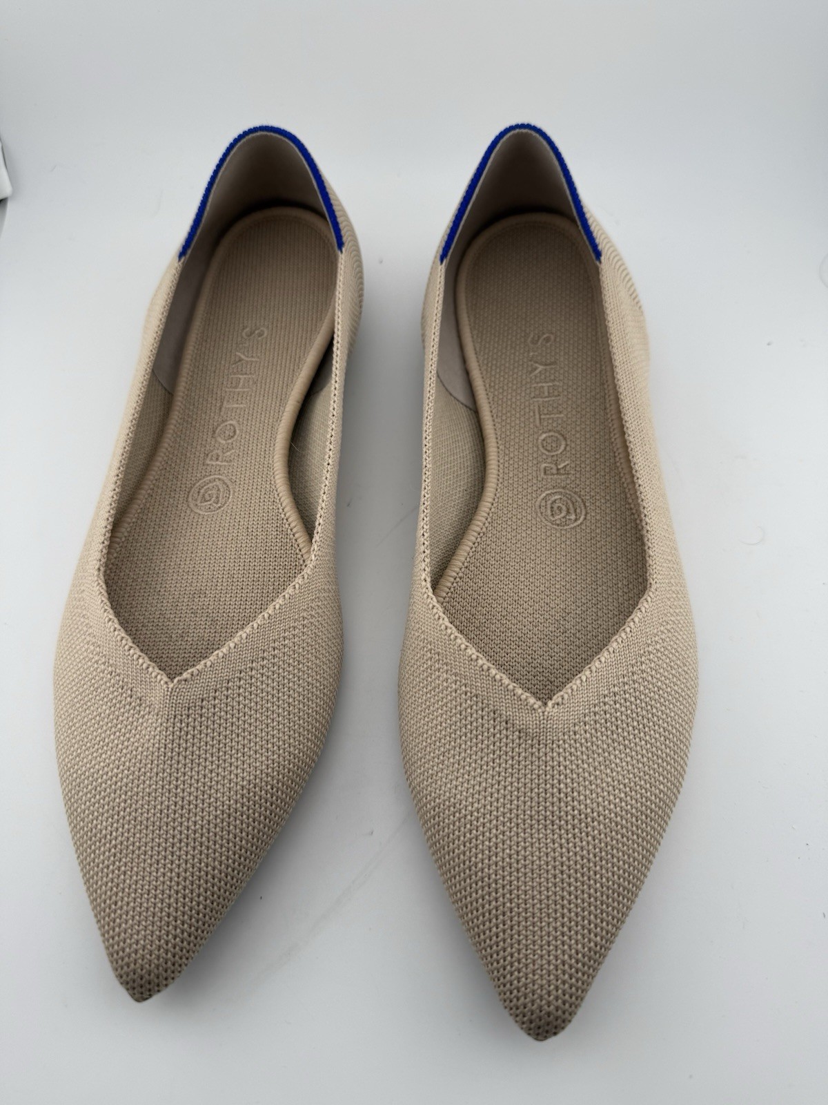 Rothy’s Women’s Beige/Blue Knit Pointed Toe Ballet Flats Slip-On US 8.5