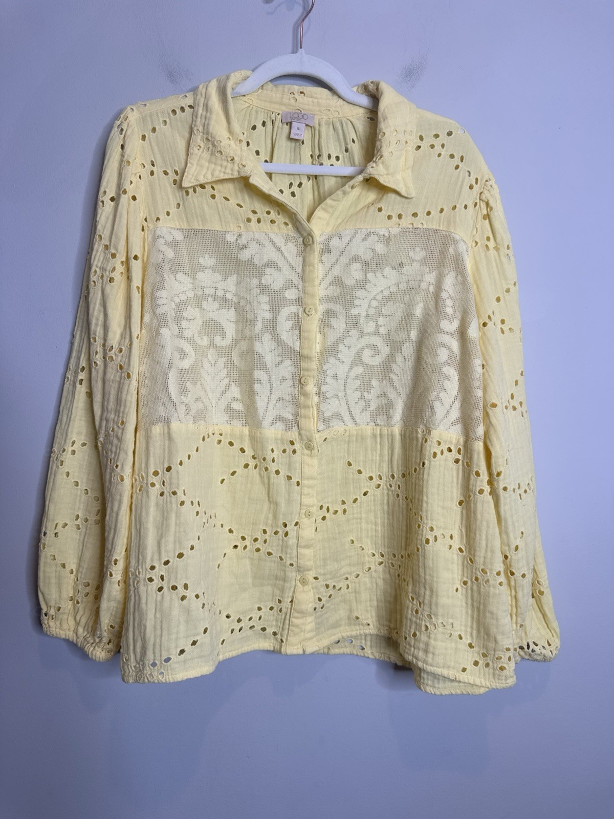 LOGO Lavish Eyelet Lace Blouse Butter Yellow Boho Cottagecore Button XL Spring
