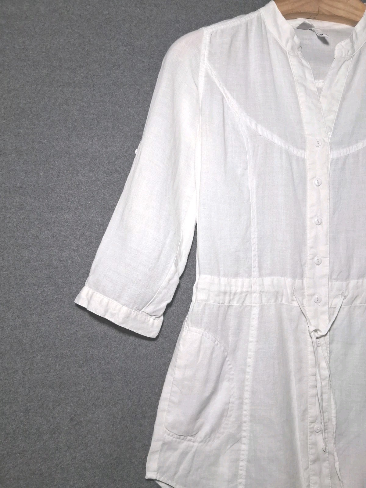 MNG Basics Womens Shirt XS White 100% Ramie Button Up Roll Tab Sleeve Drawstring