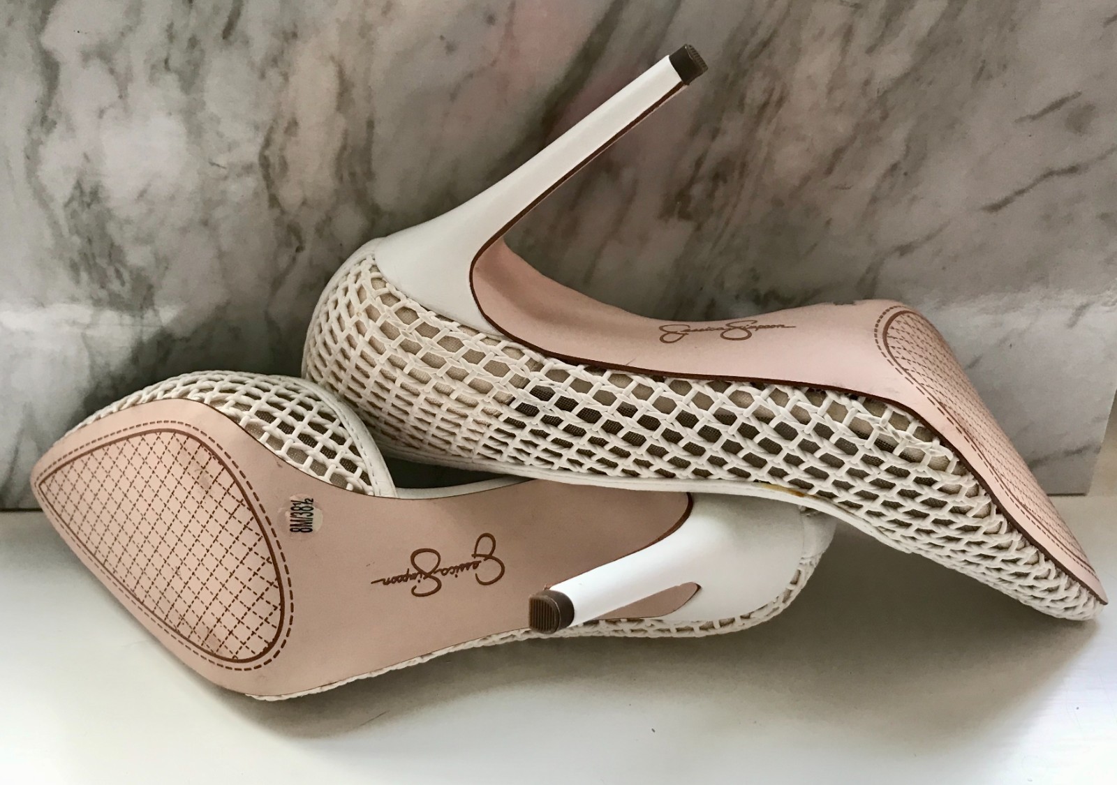 Jessica Simpson Size 8 Ivory White Mesh Net Pointed Toe D’Orsay Stiletto Pumps H