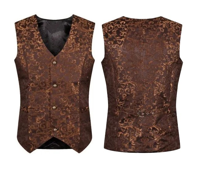 Mens Tailored Formal Waistcoat Gothic Steampunk Gold Brocade Vest Victorian