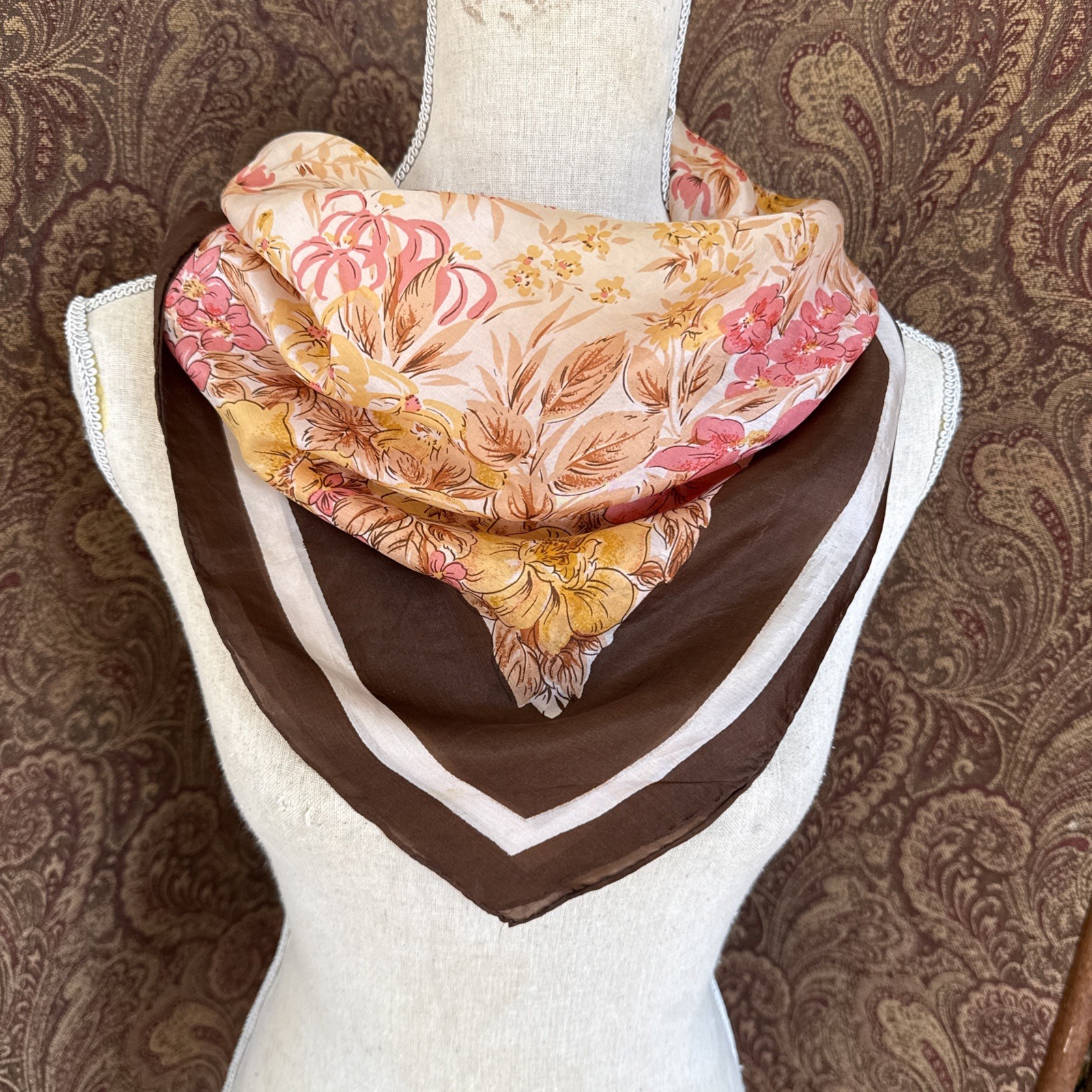 100% Pure Silk, Brown Yellow And Pink UnBranded Floral Square Scarf 32“ X 32“