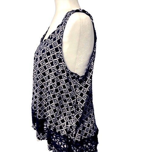 Ann Taylor Loft Navy 100% Cotton Argyle Crochet Accent Tank Top SZ L EUC