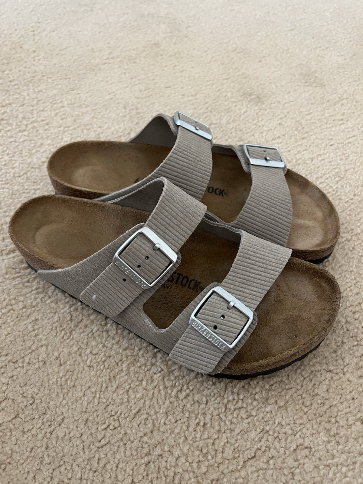 Birkenstock Arizona Birko-Flor Nubuck Women’s Sandals, Stone – US 10