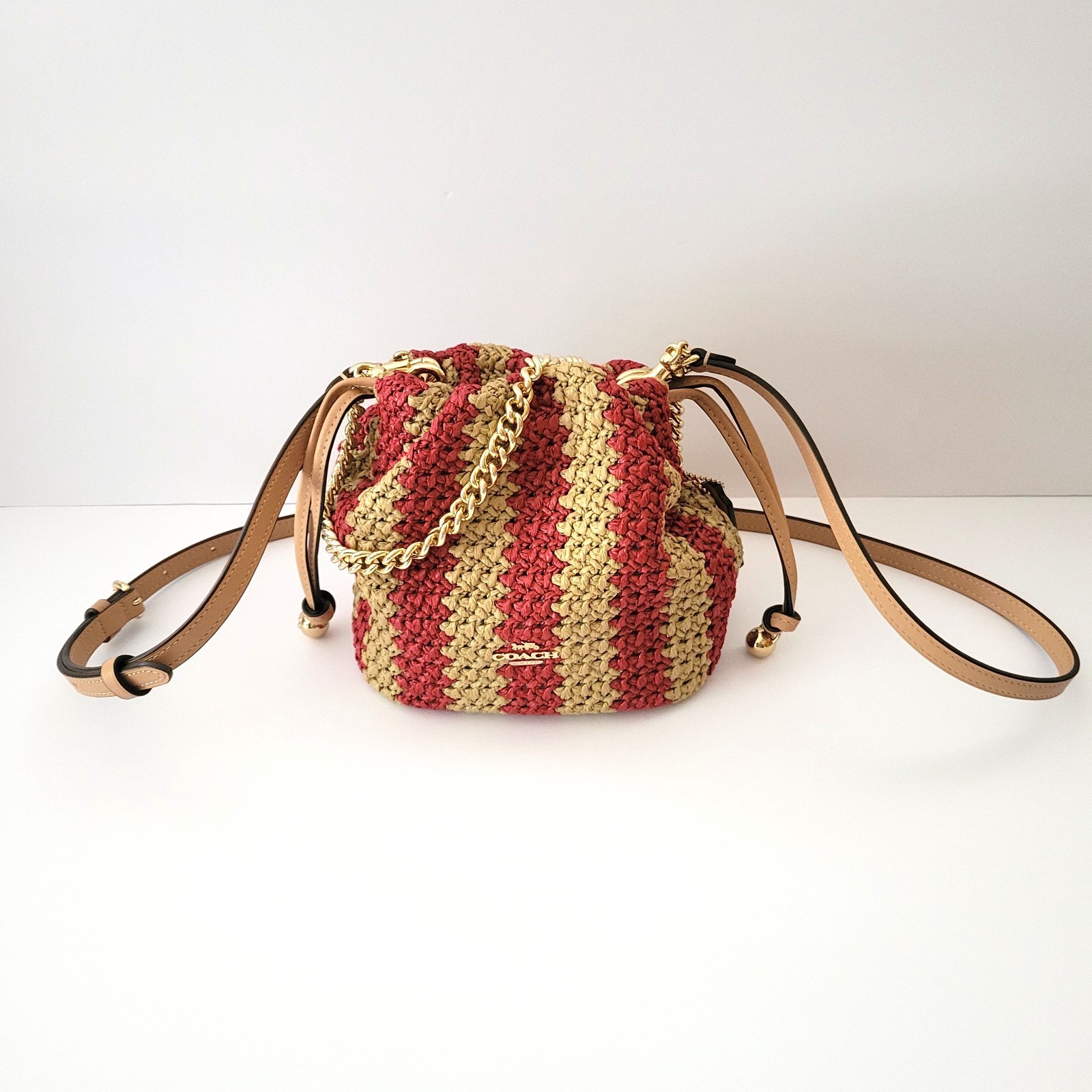Coach CEN17 Faye Mini Drawstring Straw Crossbody Red Tan Gold Striped Handbag