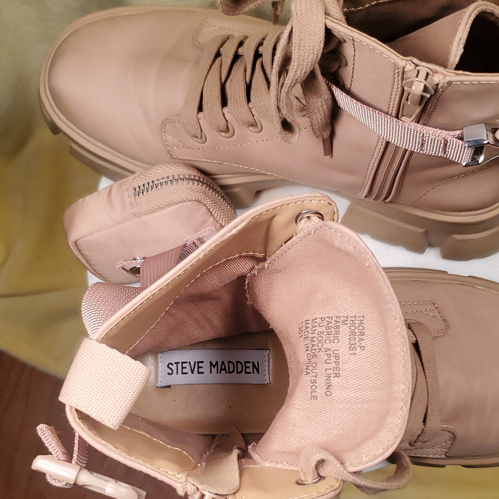 Steve Madden Thunder Women’s Beige Mid-Calf Combat Boots US 7 Pouch Lug Sole