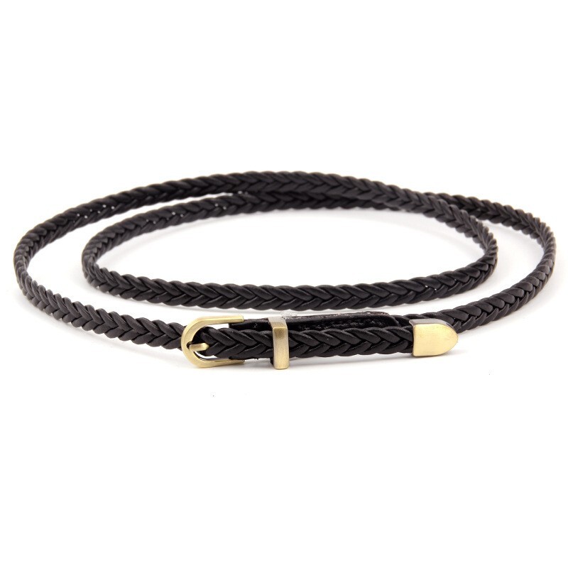 Handwoven PU Leather Belt, 0.8cm Slim Waist Chain Alloy Buckle for Women