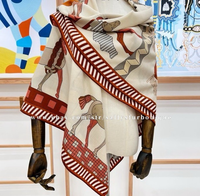 2025 Sallys 70% Cashmere 30% Silk Wrap Scarf Horses Print Double Face Shawl 53″