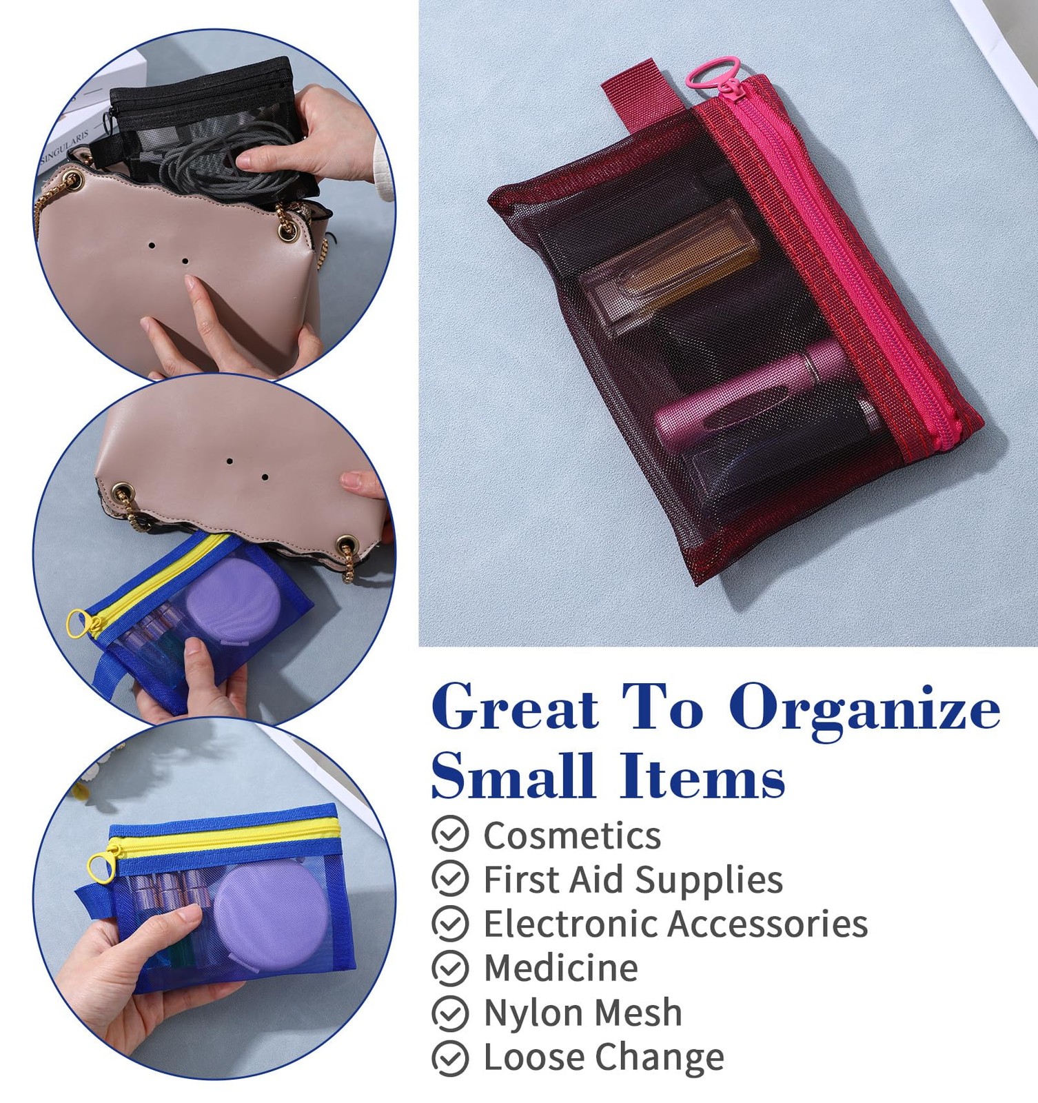 ValueBargain 6Pcs Small Zipper Pouch black, gray, white, blue, red, purple