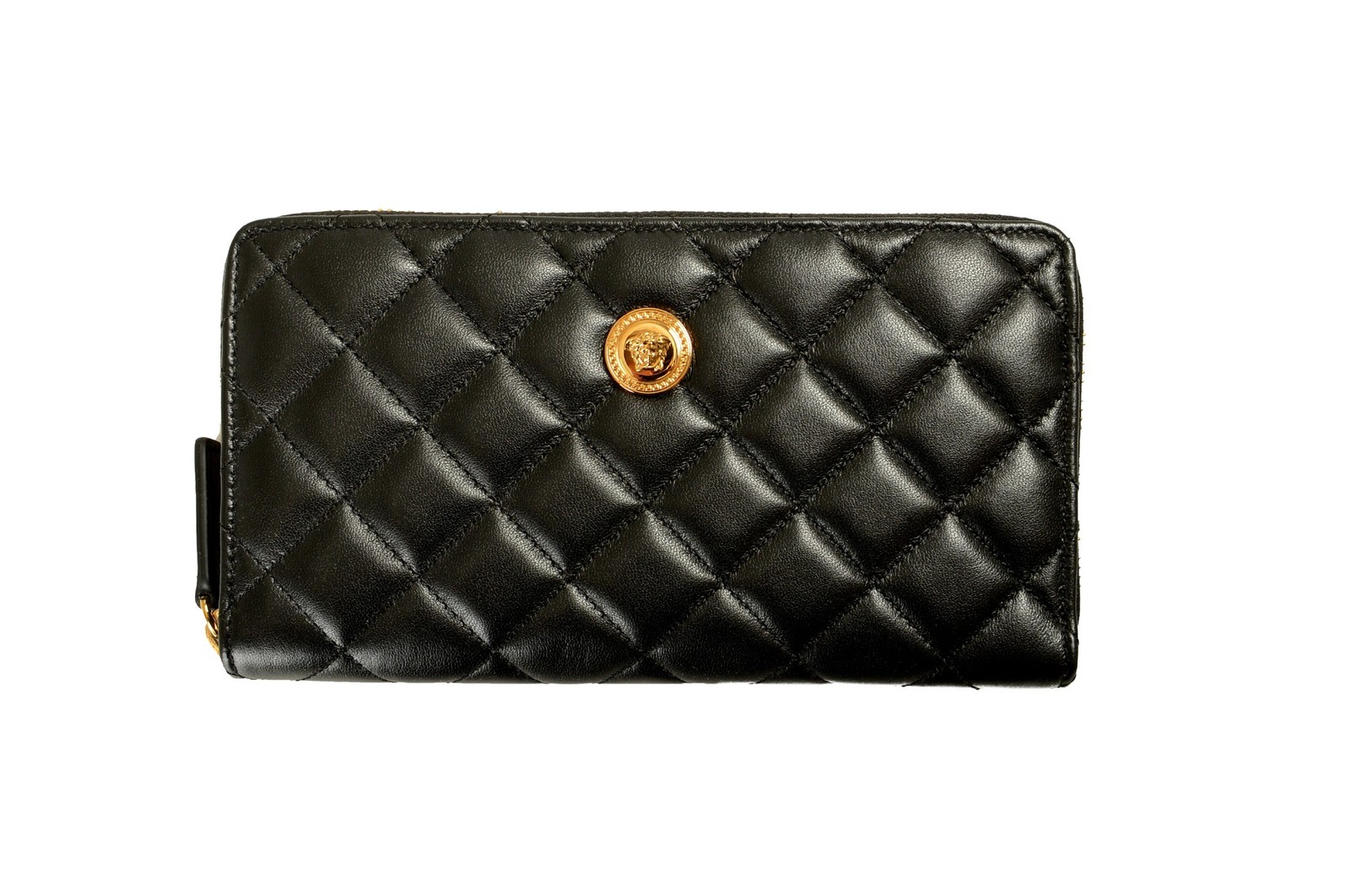Versace Black Quilted Leather Gold Medusa Zip Around Wallet