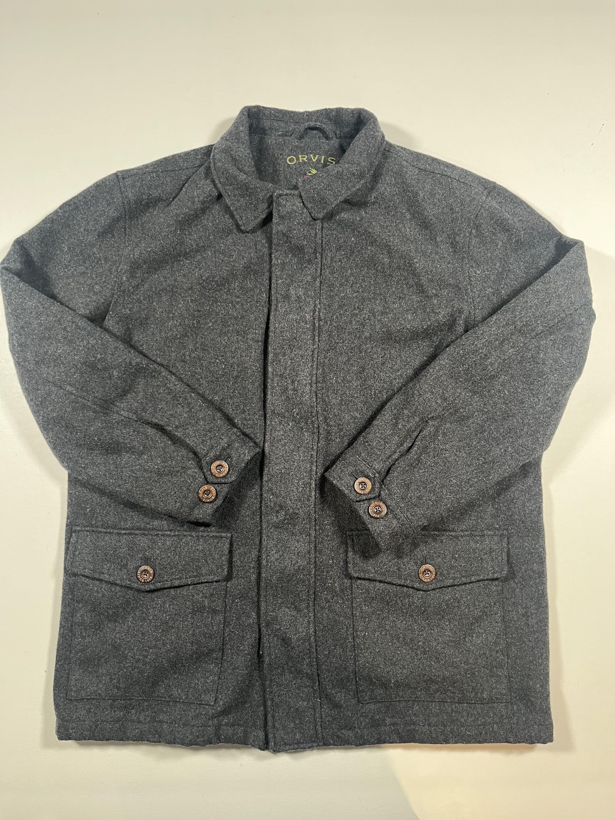 Orvis Coat Mens XL Gray Wool Tweed Quilted Lined Full Zip Pockets Outdoor Casual