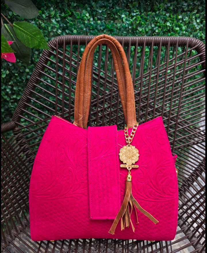 Handcrafted Genuine Leather Tote Bag Hot Pink Embossed Mexican Artisan Purse