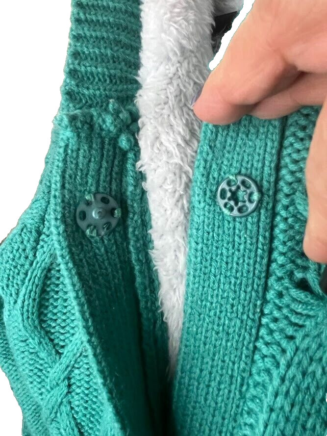 Hooded Cardigan Button Up Cable Knit Sweater Coat size Small Turquoise Sharpa