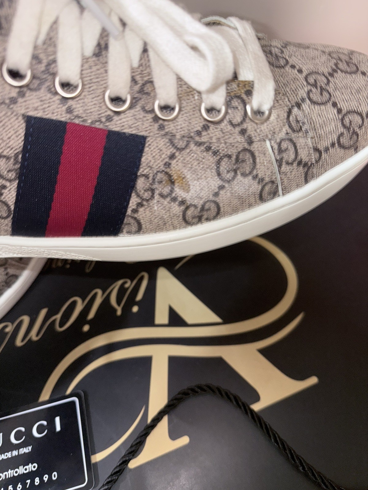 Gucci GG Supreme Monogram Canvas Sneakers with Red and Blue Sz EU 44 US 10.5-11