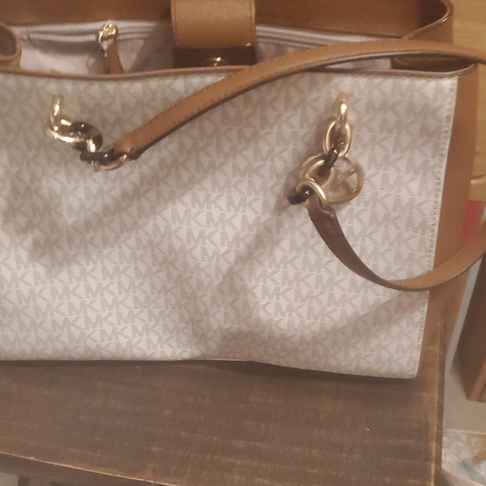 Michael Kors Signature Logo Tote Bag Large Zip Lined Inner Pockets Brown Beige