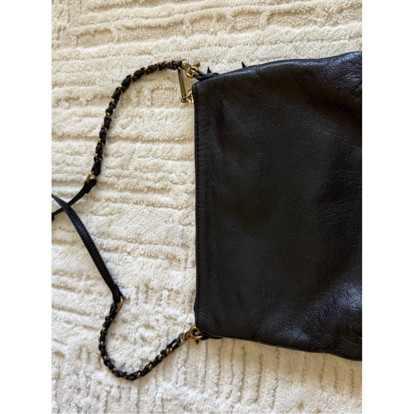 Elliott Lucca Black Leather Crossbody Bag Woven Texture Gold Hardware Multi Zip