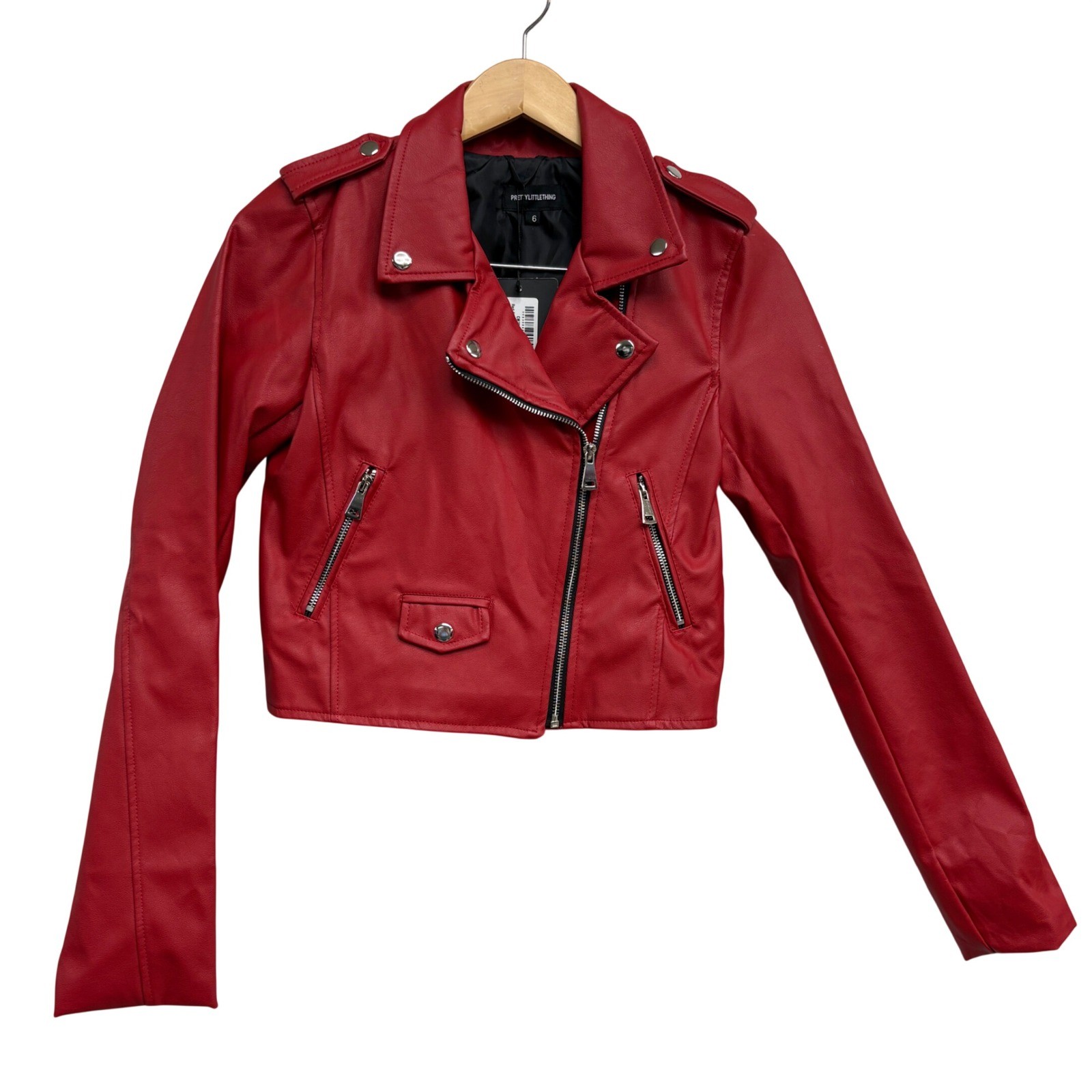 Pretty Little Thing Red PLT Biker Jacket With Zips Crop Moto Size 6 CMZ8084 NEW